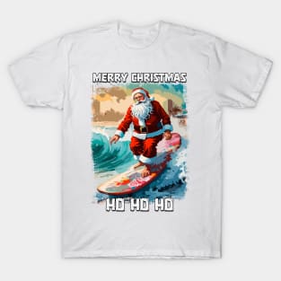 Funny Santa Claus surfing in the summer pop art illustration T-Shirt